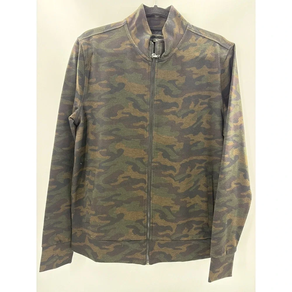 Banana Republic Factory Camo Full Zip Jacket Mens Med Green Brown Mock Neck NWT